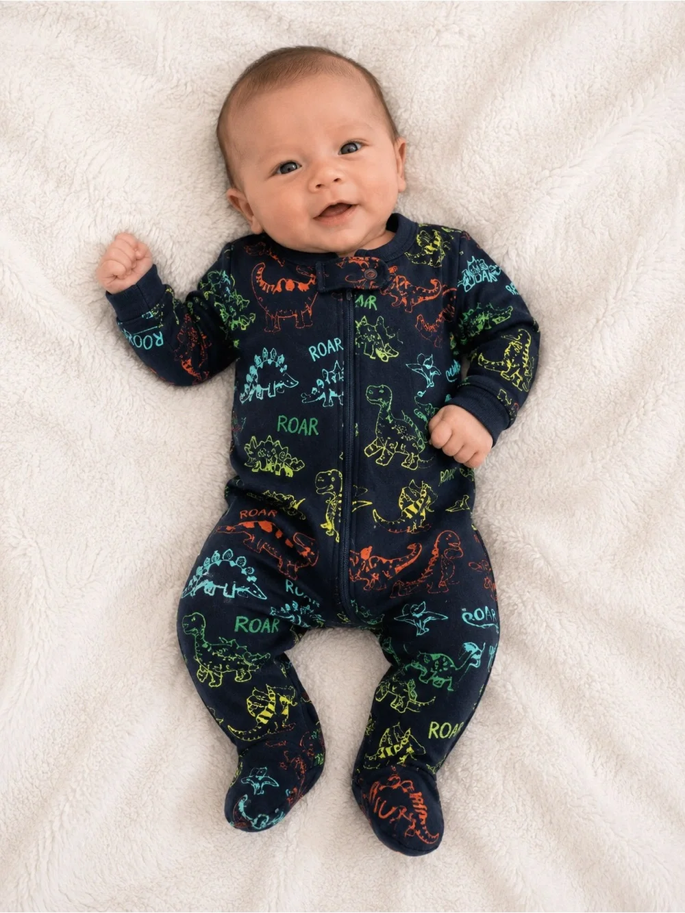 NEWBORN wonder nation Black Dino Footed One-Piece with Multicolor Dino Prints
